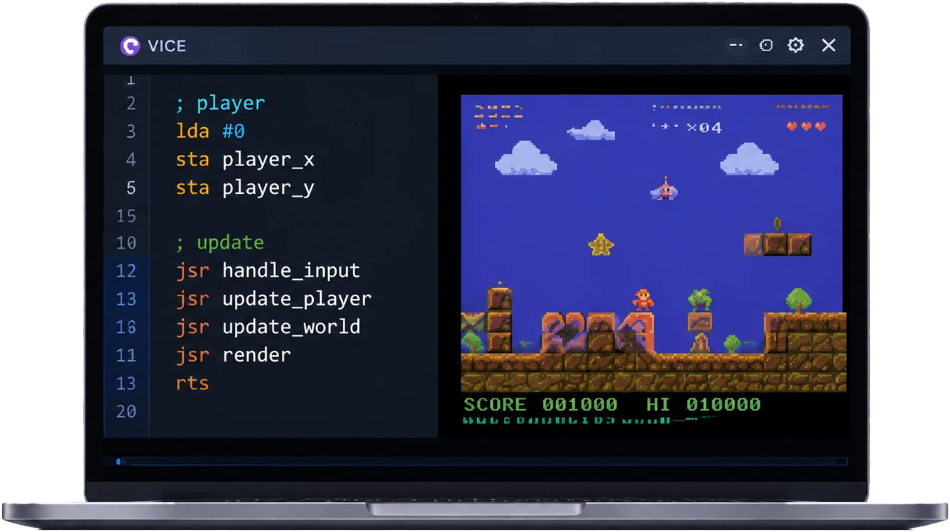Laptop showing VICE emulator with assembly code and a C64 game preview