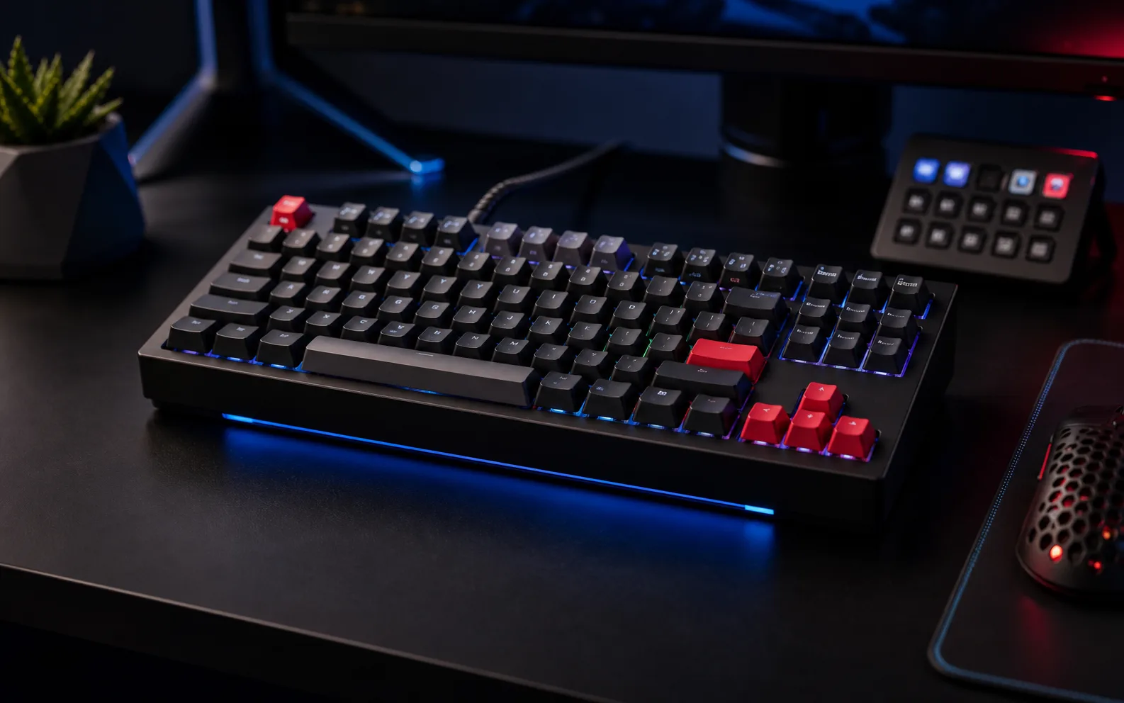 Black gaming mechanical keyboard with RGB lighting and red accent keys