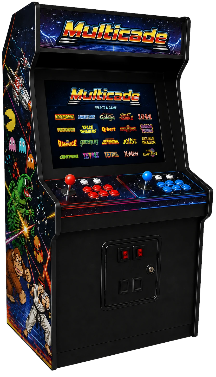 Custom multicade arcade cabinet with screen, controls, and printed cabinet artwork